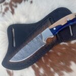 Damascus steel cowboy knife with sheath stabilized wooden handle.