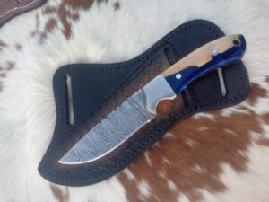 Damascus steel cowboy knife with sheath stabilized wooden handle.