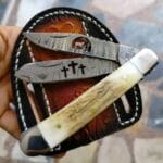 Damascus steel double blade folding trapper knife for cowboys - pocket knife folding EDC with stag antler handle.