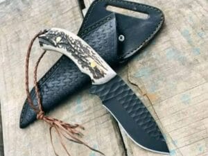 Unique Cowboy Knife with Stag Antler and Leather Sheath.