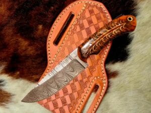 Handmade Cowboy Knife with Pancake Leather Sheath. Damascus steel full tang blade.