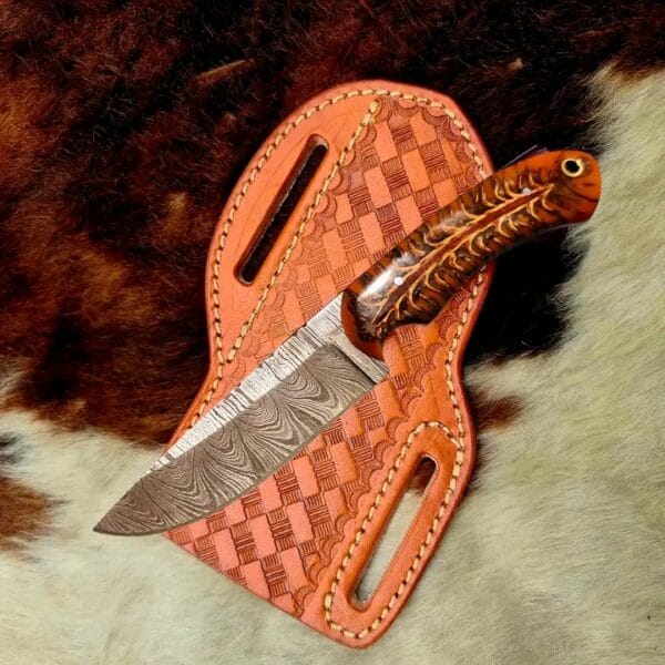 Handmade Cowboy Knife with Pancake Leather Sheath. Damascus steel full tang blade.