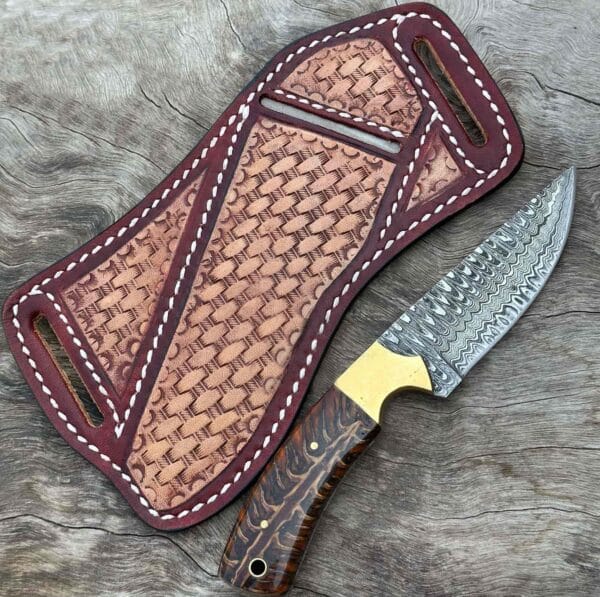 Top quality Damascus fixed blade cowboy knife with leather sheath.