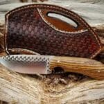 8-inch Fixed Blade Cowboy Knife with pineapple wood handle and cross draw leather sheath.