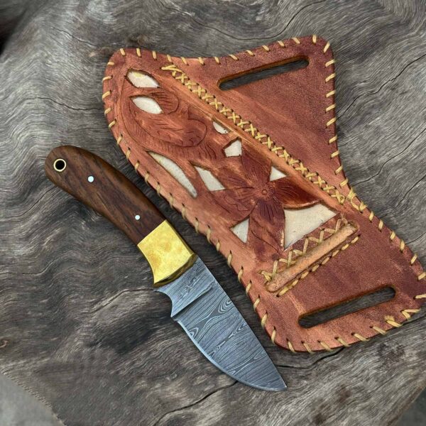 Full view of the Damascus Cowboy Knife - Displaying the knife's overall length, ergonomic rosewood handle, and brass bolsters, perfect for outdoor adventures and everyday tasks.