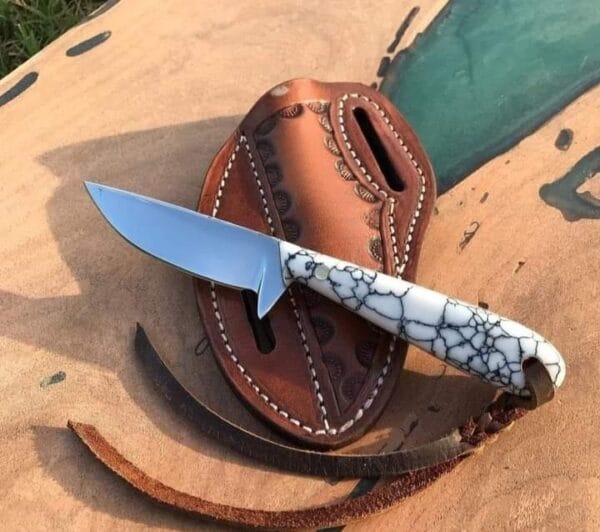 Handmade Cross Draw Cowboy Knife With D2 Blade White Gemstone Handle And Leather Sheath.