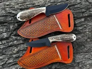 Chritmas deal buy 1 get 1 free black coated rasp steel cowboy set with stag handle and pancake leather sheath