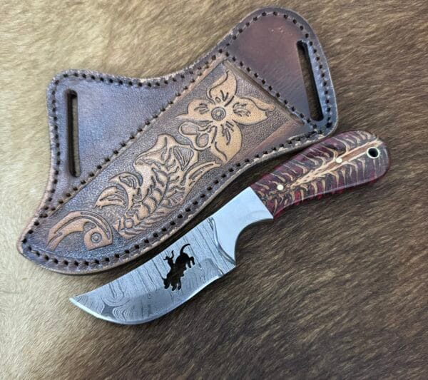 Handmade Damascus steel rodeo knife with hand-tooled pancake leather sheath.Best Cowboy knife on sale now!.