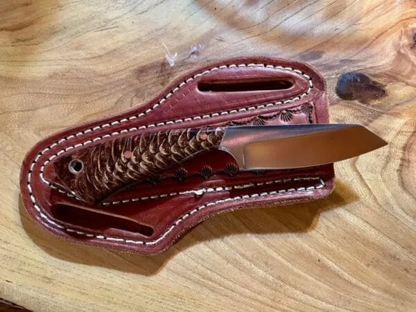 Tanto blade Cowboy knife with cross draw leather sheath - pinecone handle.