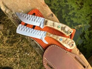 Cowboy Knife Set - Bull Cutter and Cowboy Knife with leather sheaths & Sheep horn handles.