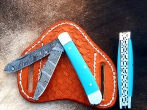 Damascus Steel Cowboy Folding Knife – Double Blade Trapper Design.