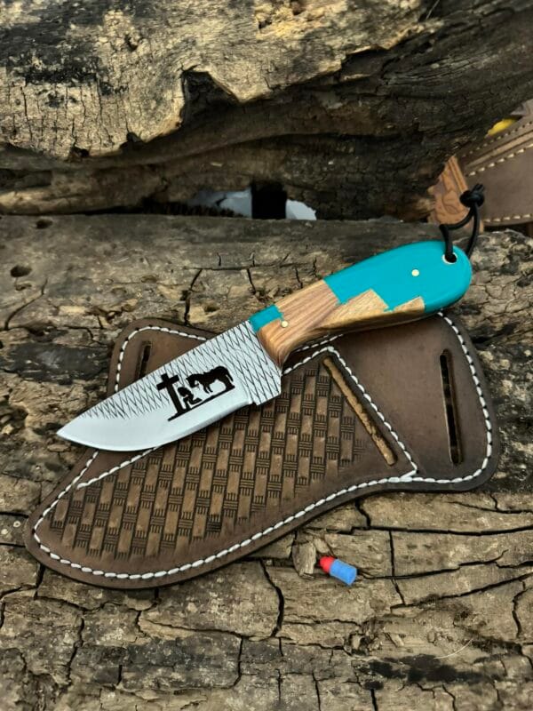 Hand-forged Cowboy Rasp Knife with olive wood handle and leather pancake sheath – Durable ranch knife by Custom Cowboy Knives (CCK).