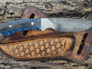 Forged Damascus steel Cowboy skinner for sale blue Pinecone handle and customized leather sheath