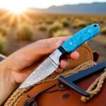 Raindrop Damascus Cowboy ranch knife with Turquoise handle