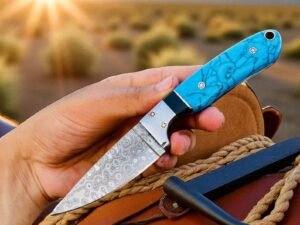 Raindrop Damascus Cowboy ranch knife with Turquoise handle
